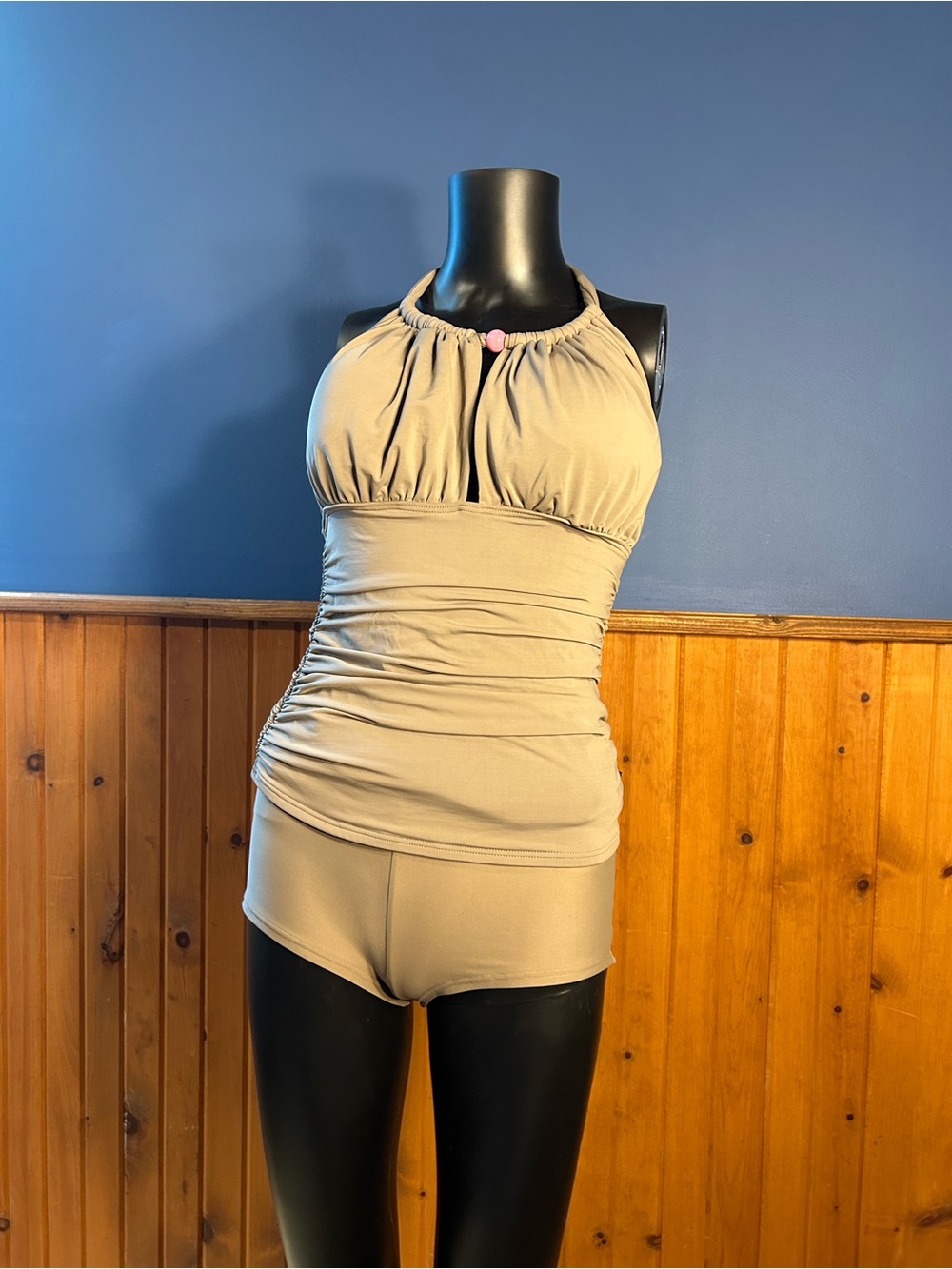 Aqua Taupe MM Ruched Halter Tankini Set with Boy Short Bottom